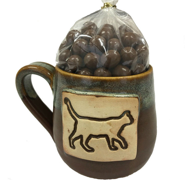 Cat Handmade Mug- Filled with Choc. Covered Coffee Beans